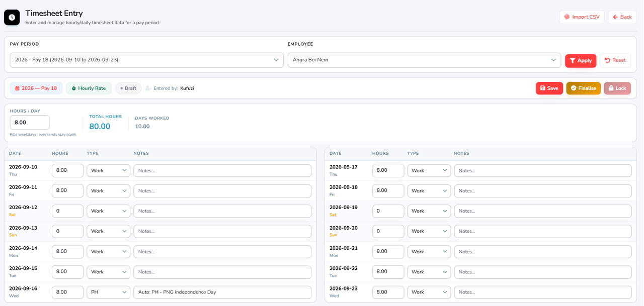 A fortnightly timesheet with daily hours, public holidays filled in automatically