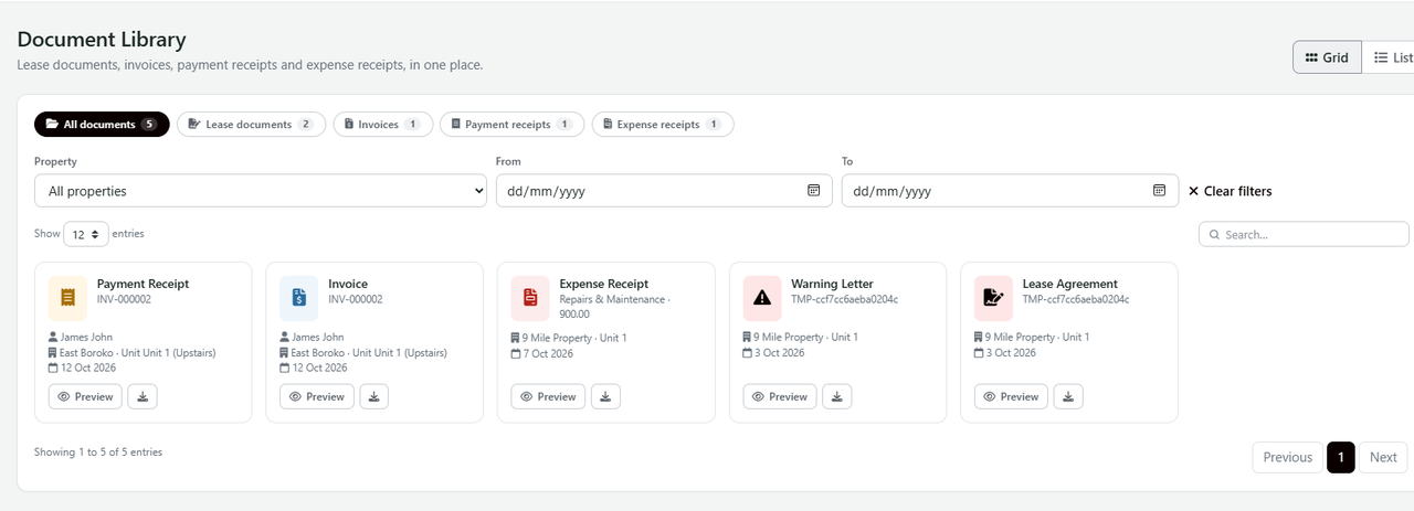 The document library with lease agreements, invoices and receipts