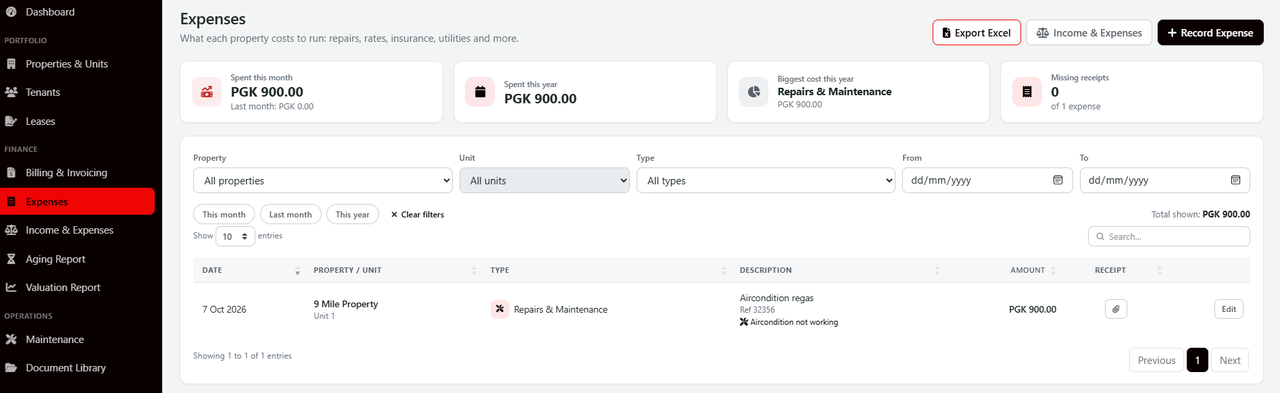 The expenses list, showing spending by property and type with receipts attached