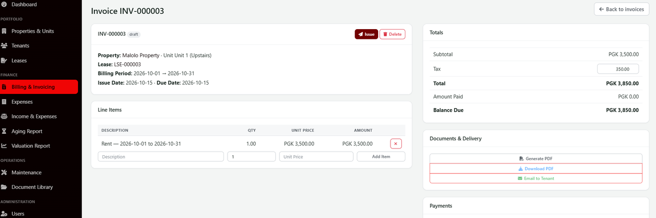 A rent invoice with line items, tax, total and balance due