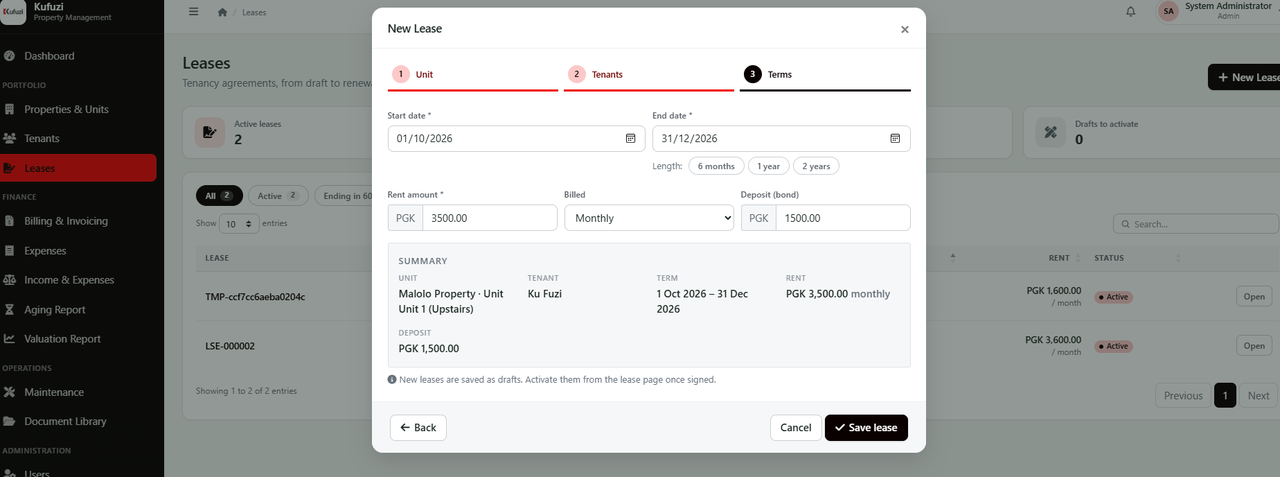 The new lease form: choose the unit and tenant, then set the dates, rent and deposit